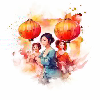 AI generated Lantern Festival in watercolor style. T-shirt Design. AI Generated photo