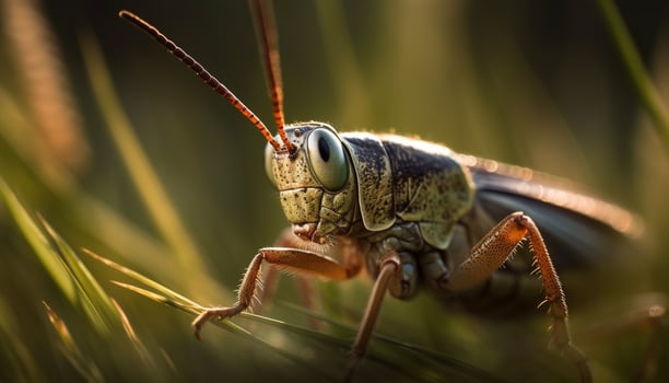 AI generated Close up of a green locust on a small leaf in nature generated by AI photo