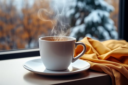 AI generated cup of tea or coffee mug on table near window Winter holidays AI Generated photo