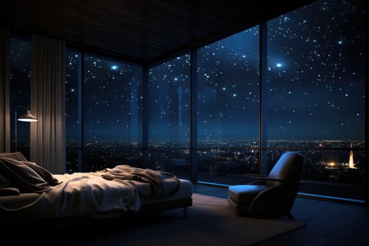 AI generated Double bed in modern bedroom with night city view. Night life concept, A room in an apartment can see the sky full of stars, AI Generated photo