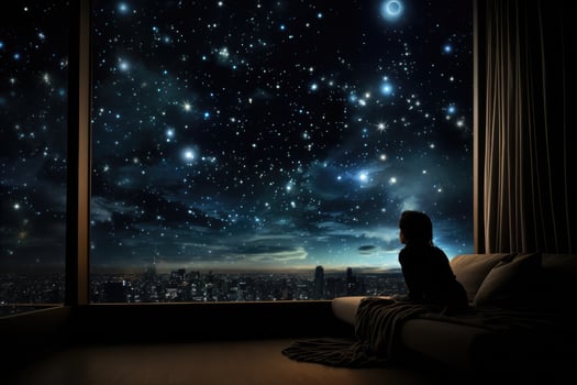 AI generated Silhouette of woman sitting in bed and looking at night city, A room in an apartment can see the sky full of stars, AI Generated photo