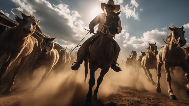 AI generated Cowboy Leading Horse Herd in Dusty Terrain AI generated photo