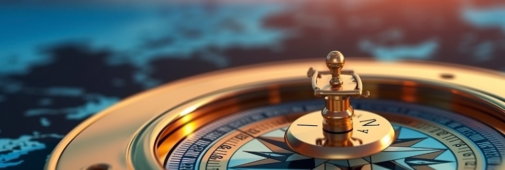 AI generated Magnetic compass and location marking with a pin on routes on world map. AI Generated photo