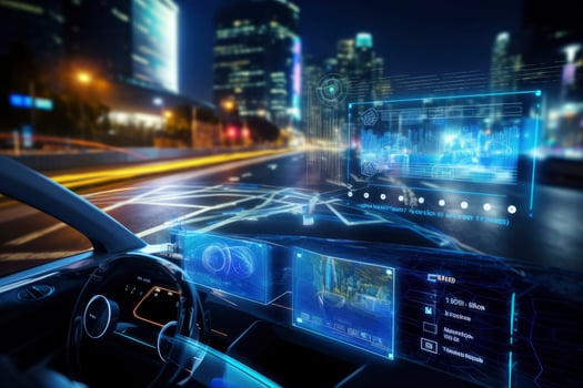 AI generated Modern smart car technology intelligent system using Heads up display HUD Autonomous self driving mode vehicle on city road with graphic sensor radar signal system intelligent car. photo