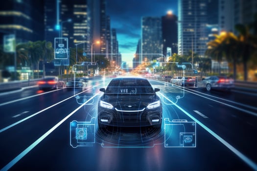 AI generated Modern smart car technology intelligent system using Heads up display HUD Autonomous self driving mode vehicle on city road with graphic sensor radar signal system intelligent car. photo