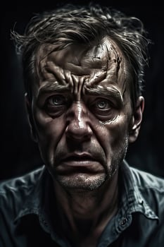AI generated a deeply anxious man, his face etched with worry and fear, his eyes wide open in distress photo