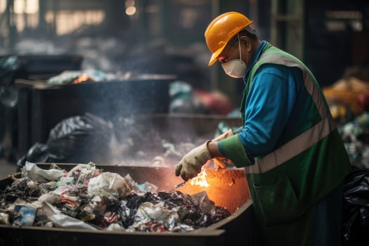 AI generated Worker with protective mask working in a waste incineration plant, A worker at a Recycling Plant Works, AI Generated photo