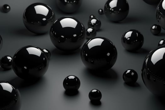AI generated Shiny balls in different sizes on black background. Abstract glossy bubbles. Composition with chaotic floating spheres. Generative AI photo