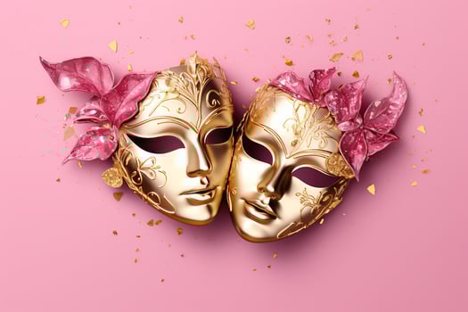 AI generated Golden carnival mask on a pink background AI Generative photo