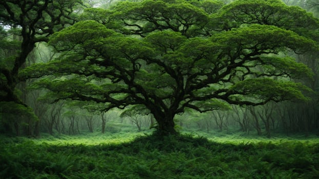 AI generated Explore the intricate ecosystem dynamics of a primeval green tree forest, emphasizing the interdependence of flora and fauna. photo