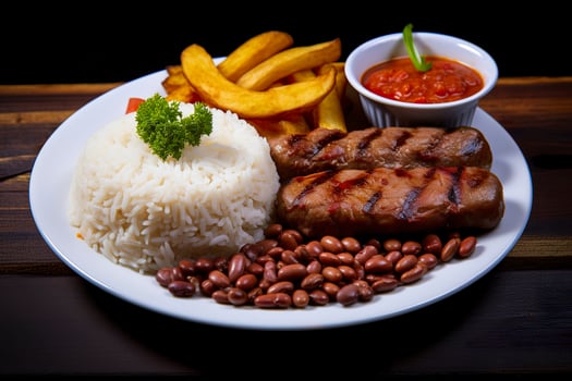 AI generated Rice, beans, French fries, and meat. Generative AI photo