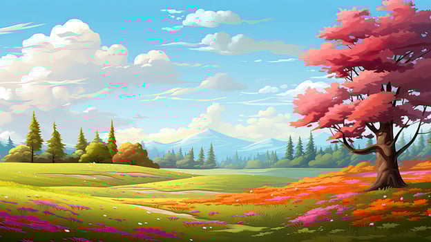 AI generated Spring season with colorful flowers and trees in a pretty meadow or field. AI Generated. photo