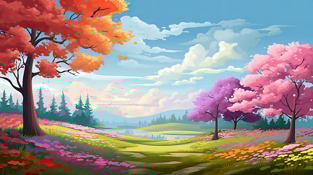 AI generated Spring season with colorful flowers and trees in a pretty meadow or field. AI Generated. photo