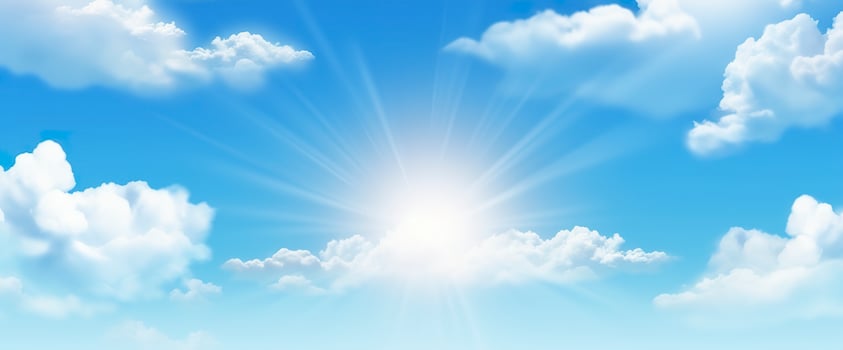 AI generated Sunny background, blue sky with white clouds and sun. Generative AI photo