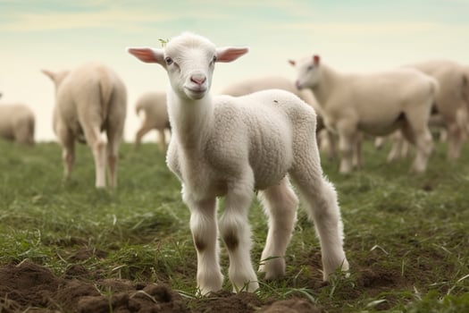 AI generated White lamb in a field in front of other animals. Generative AI photo