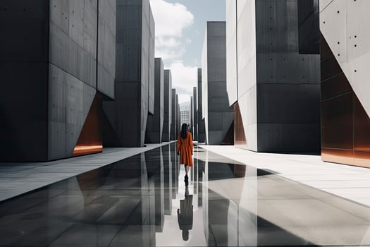 AI generated Woman walking in futuristic brutalist city street.  AI Generated. photo