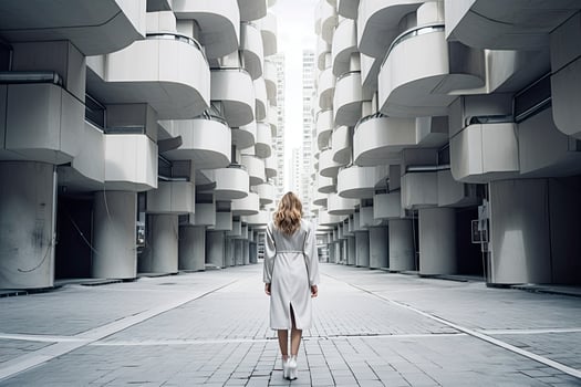 AI generated Woman walking in futuristic brutalist city street.  AI Generated. photo