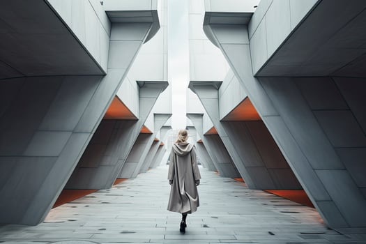 AI generated Woman walking in futuristic brutalist city street.  AI Generated. photo