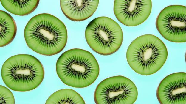 AI generated Slices of kiwi fruit and green mint leaves on a light pastel blue background. AI Generated photo