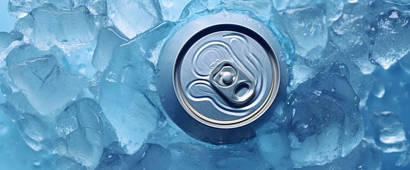 AI generated Top of drink tin can iced submerged in frost ice, metal aluminum beverage. Generative AI photo