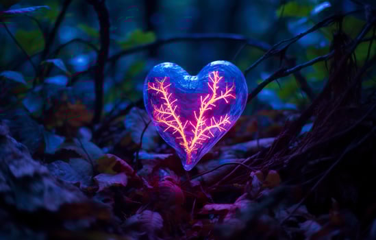 AI generated Glowing bioluminescent plant shaped like a human heart, in a mysterious forest. Generative AI photo