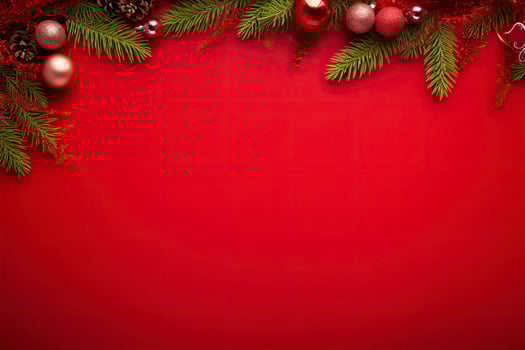 AI generated Christmas or New Year red background with fir decor. AI Generated photo