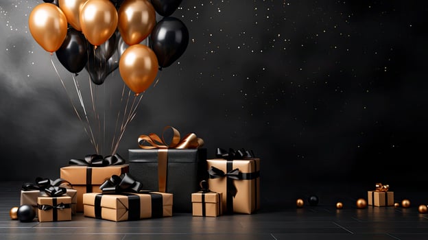 AI generated Black Friday sale banner with ballon and gift box space for text. AI Generated photo
