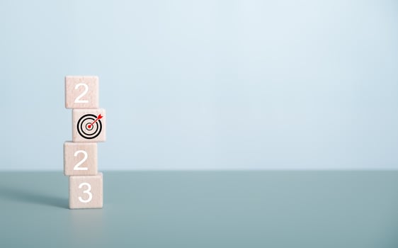 Start Goal in the new year 2023. number 2023 on wooden cubes. good year 2023 with goal plan, goal concept, action plan, strategy, business vision. Business development strategy, advancement photo