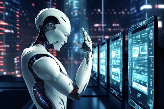 AI Generated Futuristic image of a robot viewing electronic signals with various gestures. by Generative AI. photo