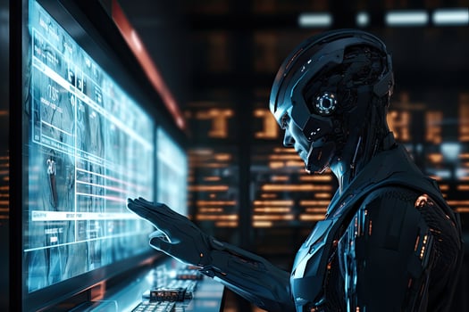 AI Generated Futuristic image of a robot viewing electronic signals with various gestures. by Generative AI. photo