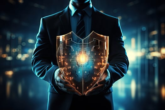 AI Generated Cyber security safe data protection business technology privacy concept. Businessman holding shield protect security icon security on the virtual display.Information security system photo