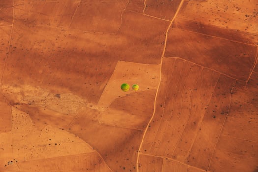 Beautiful landscape with two little green and red hot air balloons fly above the ground in Morocco in desert. photo