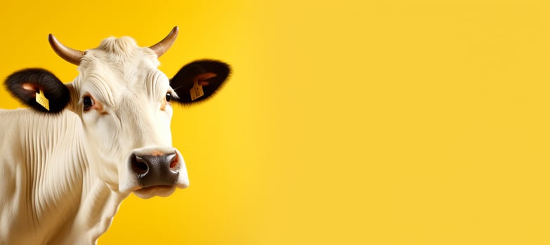 AI generated Styled happy dairy cattle isolated on pastel color background studio fashion shot with copy space photo