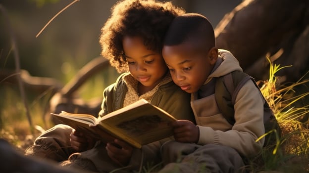 AI generated Happy children kids reading book together at the field concept children day. Generative AI photo