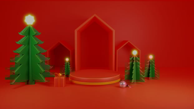 Merry Christmas promotional poster banner with product display and red background photo