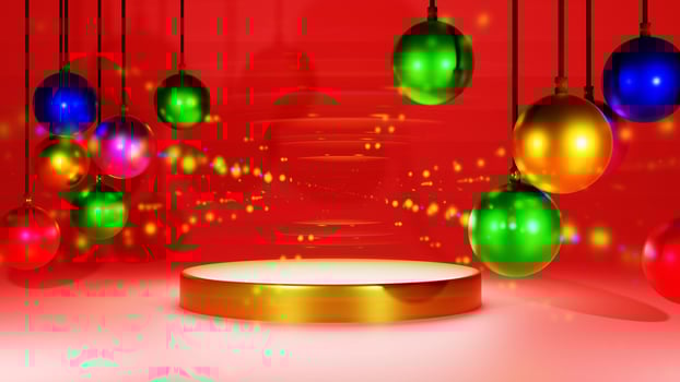 Merry Christmas promotional poster banner with product display and red background photo
