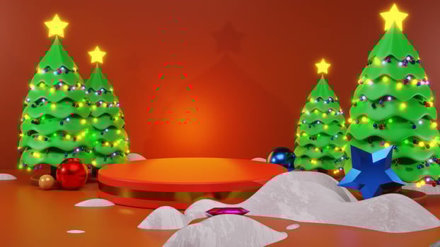 Merry Christmas promotional poster banner with product display and red background, photo