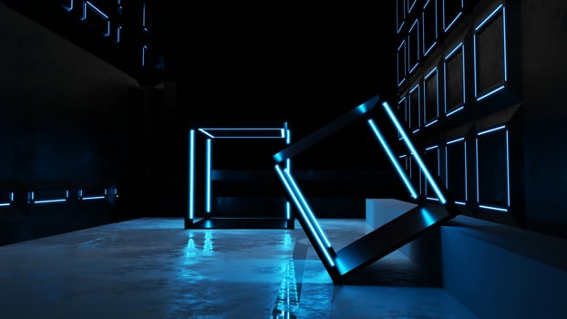 3D rendering Neon lights glow blue in the basement photo