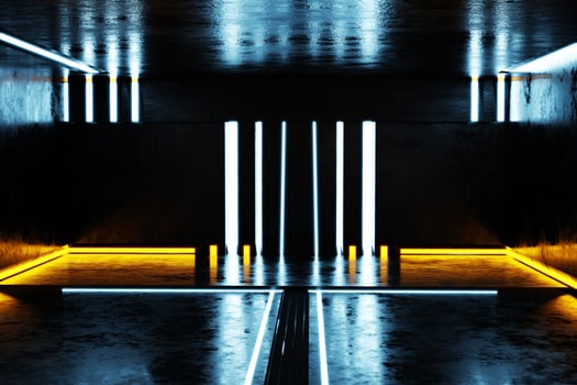 3D rendering Neon lights glow blue in the basement photo