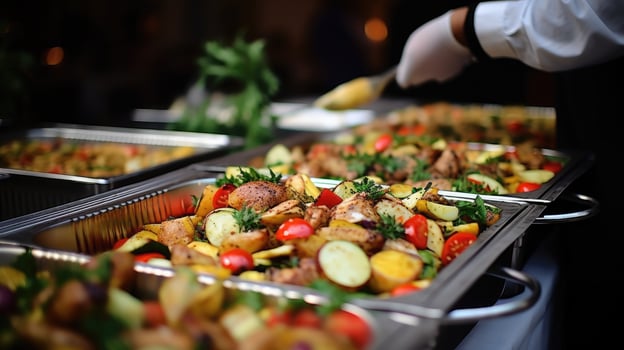 AI generated Catering buffet food on a long table in a hotel restaurant photo