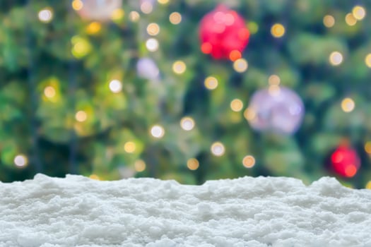 Empty white snow with blur Christmas tree with bokeh light background photo