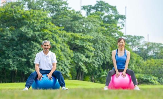 Senior asian man and his daughter is sitting on the yoga ball in the public park while having leisure conversation together for elder longevity exercise and outdoor workout photo