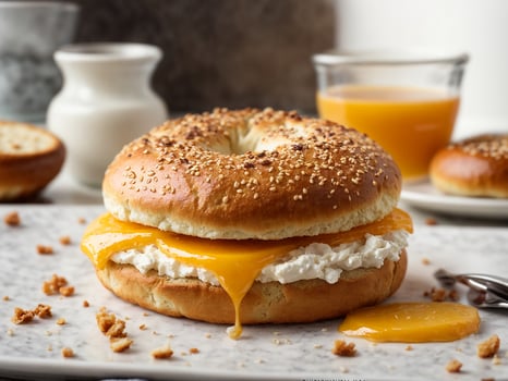 AI generated Toasted Bagel with Cream Cheese at your Desk photo