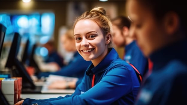 AI generated Friendly Cashier Smiling at Checkout Desk in Store. photo