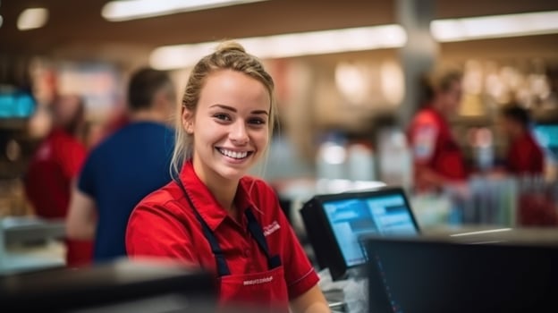 AI generated Friendly Cashier Smiling at Checkout Desk in Store. photo