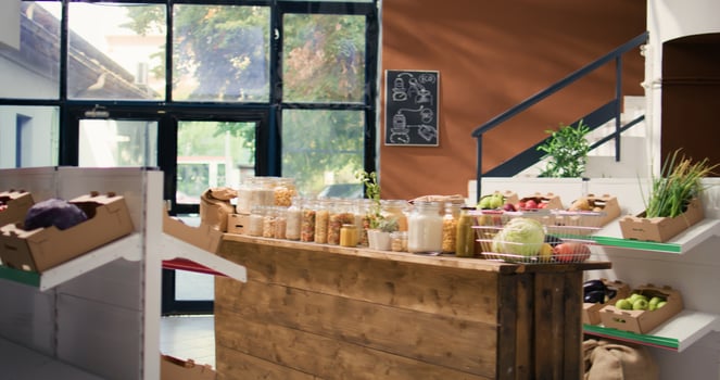 Natural fruits and veggies in crates on farmers market shelves. Freshly harvested additives free food alternatives to support vegan nutrition and healthy lifestyle, nonpolluting supermarket. photo
