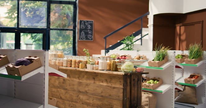 Chemicals free grains and vegetables in eco friendly zero waste supermarket. Organic farming produce and homemade sauces stored in reusable jars, empty store with sustainable lifestyle concept. photo