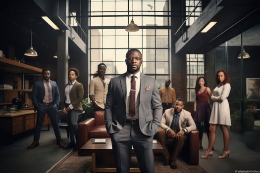 AI generated Business People Meeting Conference Discussion Corporate Concept. Portrait of young African American businessman in suit, African American Businessman Boss With Group, AI Generated photo