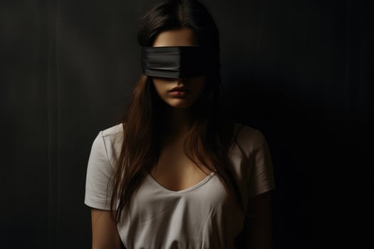 AI generated Beautiful girl with blindfold on her eyes. Dark background, a young woman with a blindfold that prevents her from seeing, AI Generated photo
