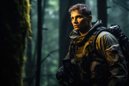 AI generated Portrait of a male soldier in a forest. Selective focus, A geared-up soldier portrait in the forest, AI Generated photo